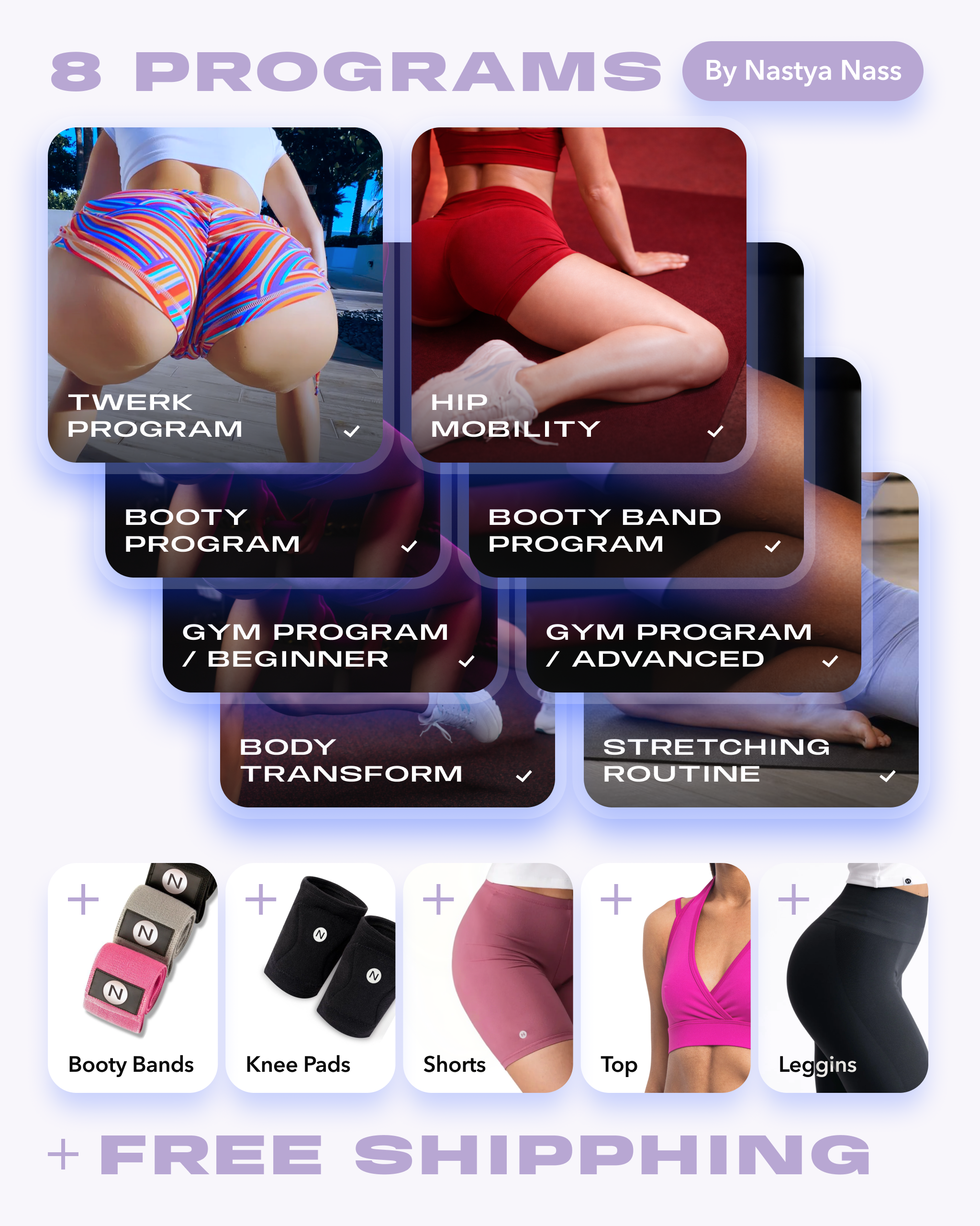 Promotional graphic for an online fitness program bundle by Nastya Nass, showing eight program cards including Twerk Program, Hip Mobility, Booty Program, Booty Band Program, Gym Program Beginner, Gym Program Advanced, Body Transform, and Stretching Routine. The bottom displays included workout accessories: pink and gray ankle bands, black knee pads, pink shorts, a pink top, and black leggings, with text reading '+ FREE SHIPPING'.